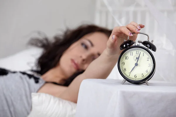 Young Sleeping Woman Alarm Clock Bedroom Home Selective Focus Alarm — Stock Photo, Image