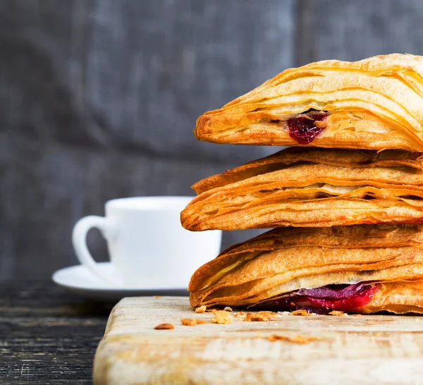 Homemade Pancakes Jam Cup Tea Wooden Background — Stock Photo, Image