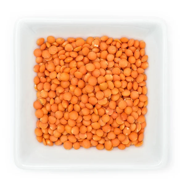 Legumi Arancioni Lenticchie Una Ciotola Quadrata Bianca Vista Dall Alto — Foto Stock