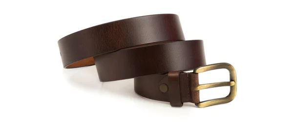 Cinturón Con Una Hebilla Metal Cuero Marrón Texturizado Encuentra Enrollado —  Fotos de Stock