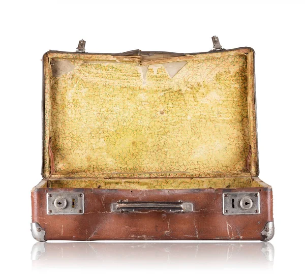 Open Old Suitcase Yellow Upholstery Isolated White Background — Stock Photo, Image
