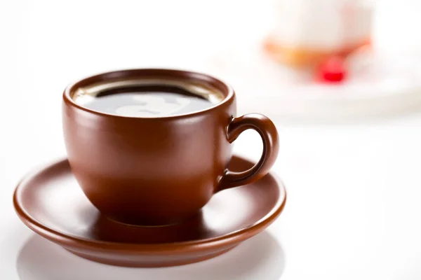 Eine Braune Tasse Kaffee Mit Einem Kuchen Hintergrund Aufgenommen Mit — Stockfoto