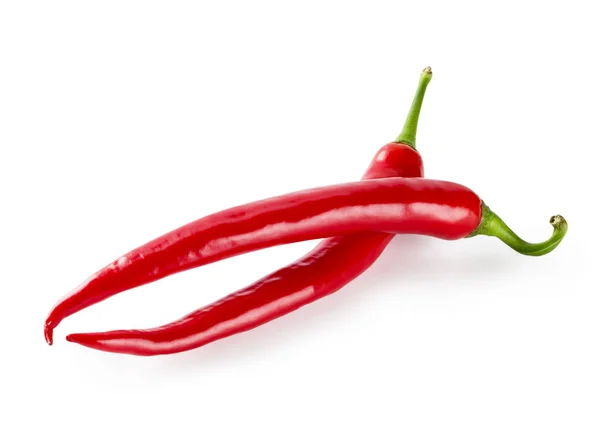 Dvě Červené Horké Chilli Papričky Izolované Bílém Pozadí — Stock fotografie