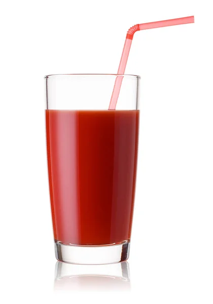 Groot Glas Tomatensap Met Een Rood Rietje Geïsoleerd Witte Achtergrond — Stockfoto
