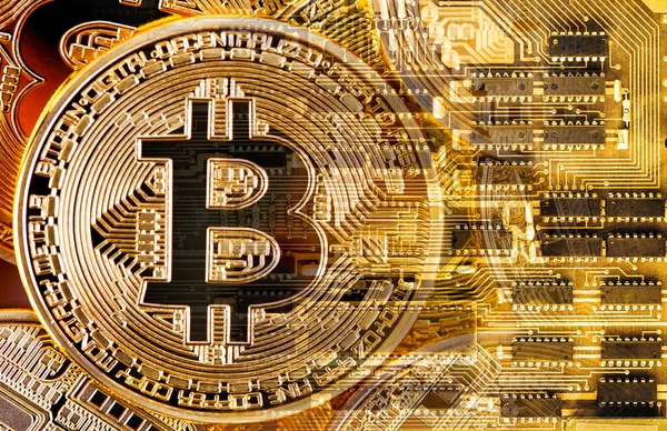 Bitcoin Fundo Placa Circuito Impresso Conceito Negócio Virtual Moeda — Fotografia de Stock