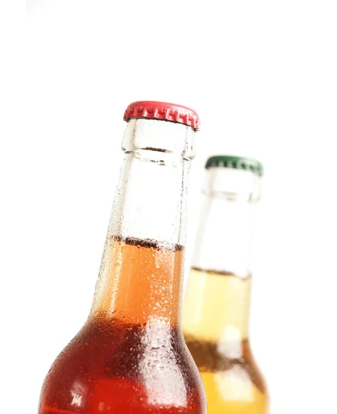 Two Ice Cold Bottles Organic Lemonade White Background Water Drops — Stock Photo, Image