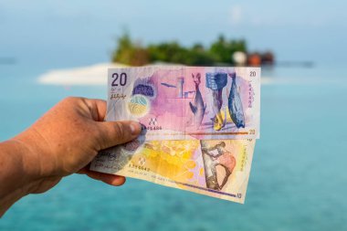 A tourist's show Maldivian rufiyaa bank note when she traveling in Maldives. Money of Maldives bank note in female's hand on the background of the island, salary incomes. clipart