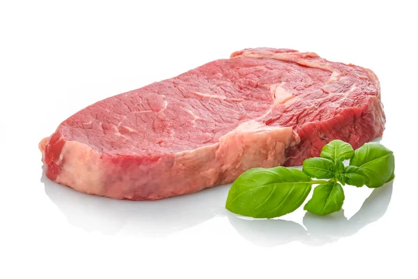 Rauwe Biefstuk Entrecote Met Groene Basilicum Wit Geïsoleerd — Stockfoto