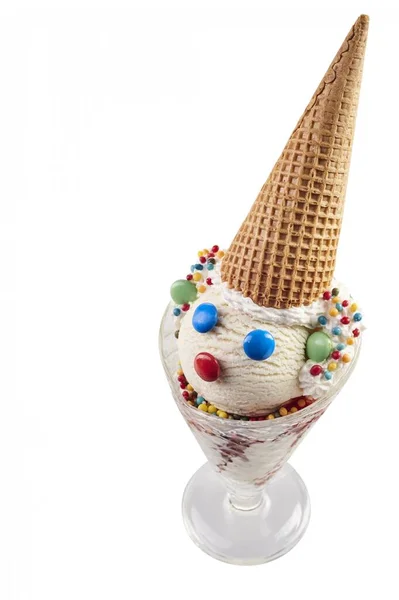 Cuillère Verre Crème Glacée Blanche Avec Visage Clown Faite Chocolats — Photo