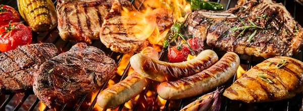 Close Banner Various Delicious Kinds Pork Meat Sausages Barbecue Burning Stock Photo
