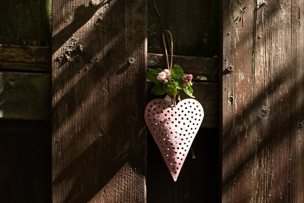 Ein Rosafarbenes Herz Mit Apfelblüten Zum Muttertag Auf Altem Holzgrund — Stockfoto