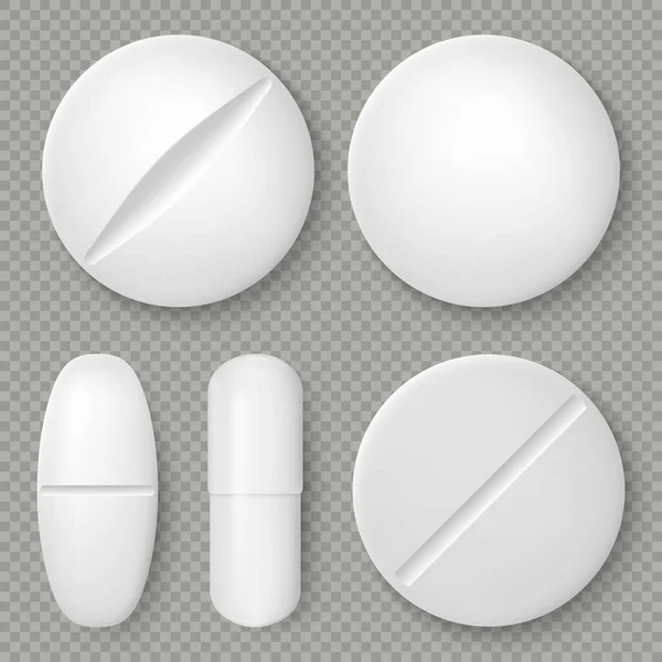现实的白色药丸和药片在透明的背景下被分离出来 药物设计的对象 卫生保健模板 包括Eps 10矢量文件 — 图库照片