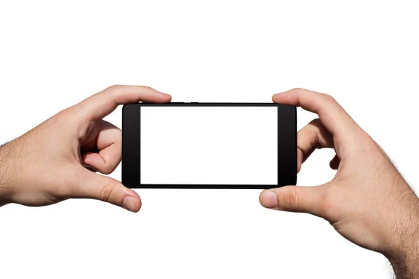 Smartphone Mãos Com Tela Branco Para Espaço Cópia Isolado Fundo — Fotografia de Stock