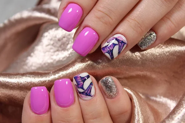 Beautiful Manicure Bright Pink Blue Nails — Stock Photo, Image