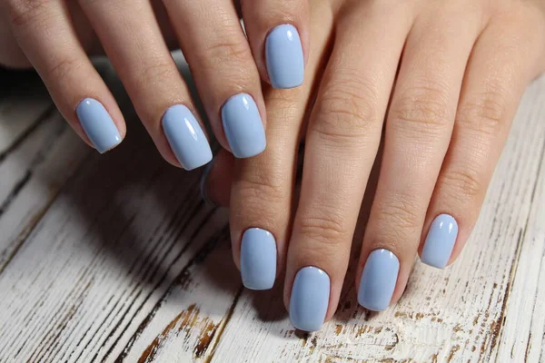 Beautiful Female Hands Manicure Background Blue White — Stock Photo, Image