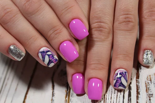 Beautiful Manicure Bright Pink Blue Nail Polish Trendy Background — Stock Photo, Image