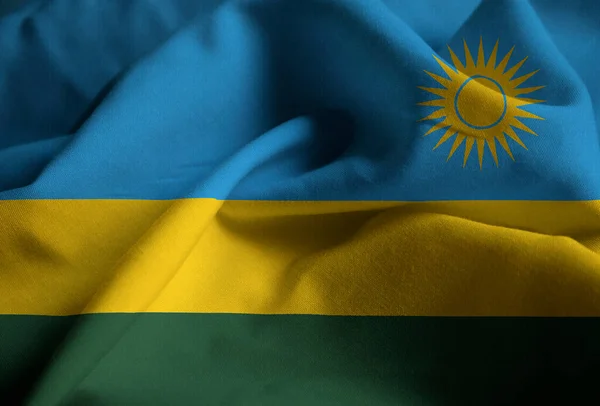 Closeup of Ruffled Rwanda Flag, Rwanda Flag Blowing in Wind
