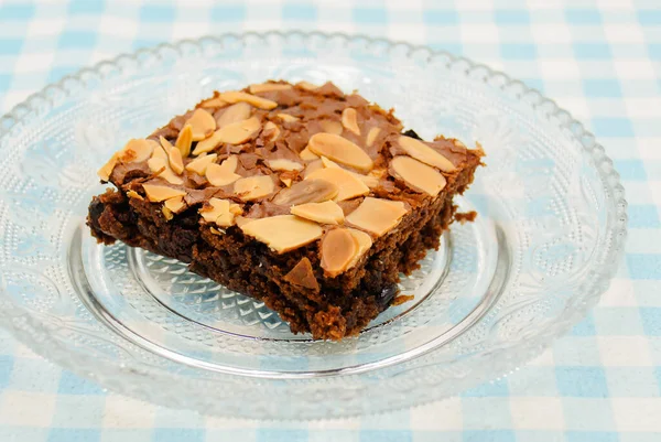 Brownie Chocolate Com Cobertura Amêndoa Vidro Chapeado — Fotografia de Stock