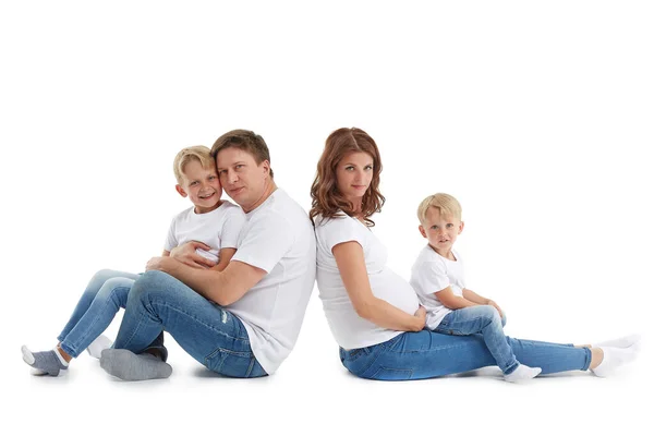 Friendly Family Young Pregnant Woman Her Husband Sitting Backs Each — Stock Photo, Image