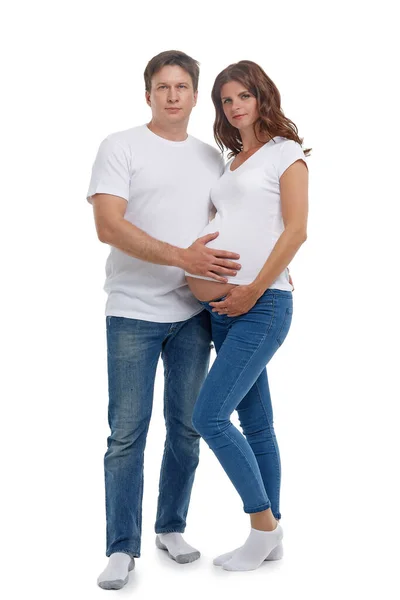 Young Man Pregnant Wife Standing Isolated White Background Concept Family — Stock Photo, Image