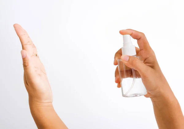 Closeup Hand Asian Young Woman Applying Spray Pump Dispenser Sanitizer — Stock Photo, Image