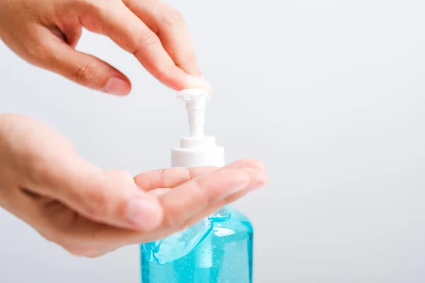 Close Asian Young Woman Applying Press Dispenser Sanitizer Alcohol Gel — Stock Photo, Image