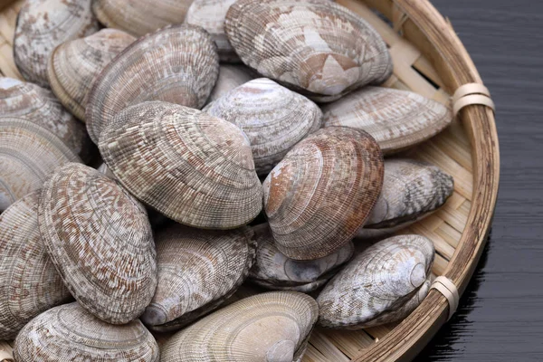 Japanese Asari Clams Bamboo Basket Wooden Table — Stock Photo, Image