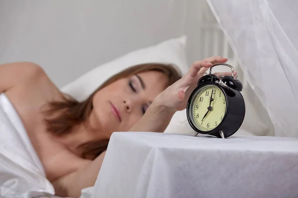 Young Sleeping Woman Alarm Clock Bedroom Home — Stock Photo, Image