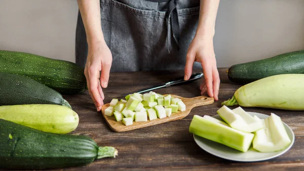 Woman Cutting Zucchini Knife Fresh Vegetables — Stock Photo, Image