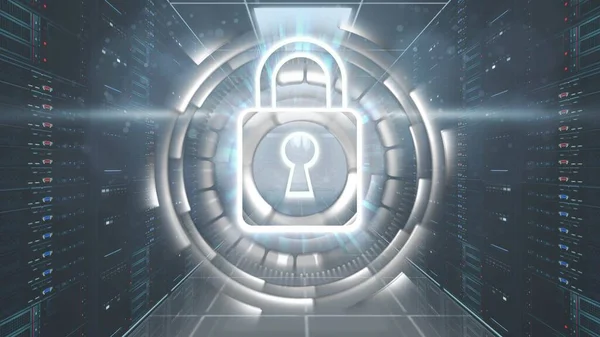 Holograma Segurança Digital Com Cadeado Sala Servidor Segurança Cibernética Proteção — Fotografia de Stock