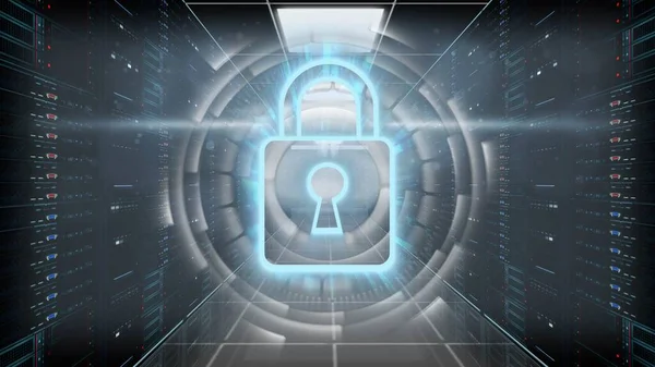 Holograma Segurança Digital Com Cadeado Sala Servidor Segurança Cibernética Proteção — Fotografia de Stock
