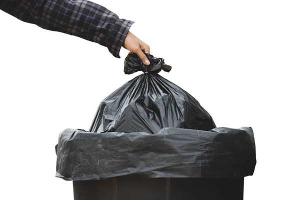 Die Hand Des Mannes Wirft Den Müll Die Plastiktonne — Stockfoto