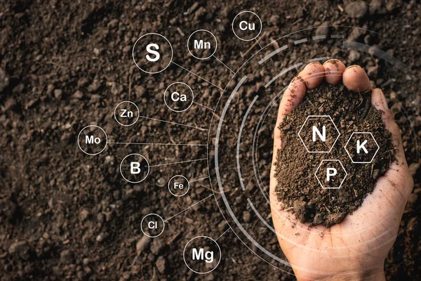 人間の手に豊かな土壌と栽培に不可欠な土壌栄養素に関する象徴的な技術を持っています — ストック写真