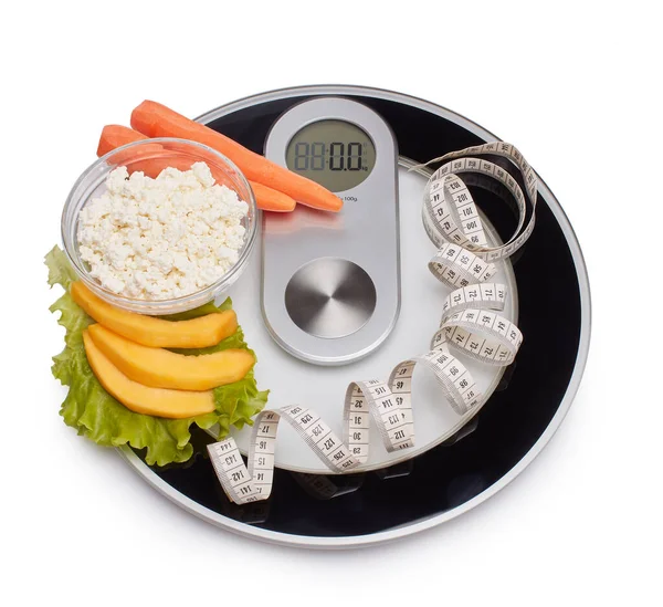 Adelgazamiento Dieta Control Peso Bodegón Con Alimentos Saludables Escamas Cinta —  Fotos de Stock