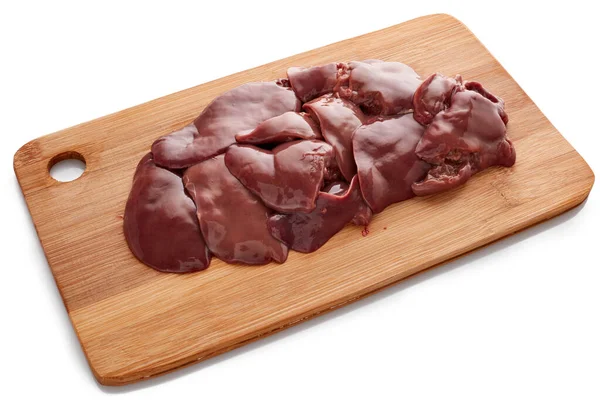 Fresh Raw Chicken Livers Wooden Cutting Board White Background — Stock Photo, Image