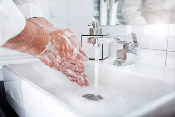 Wash Hands Thoroughly Soap Hot Water Protection Coronavirus Frequent Hand — Stock Photo, Image
