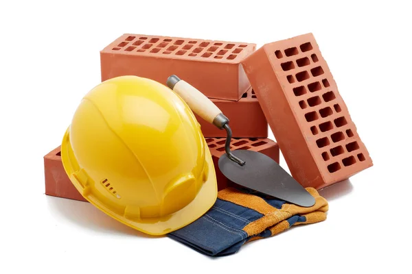 Construction Concept Stack New Bricks Masonry Trowel Construction Yellow Hard — Stock Photo, Image