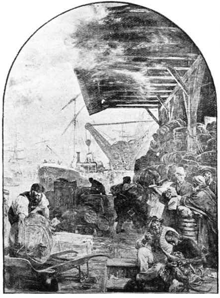 ドイツ人画家ポール メイアハイムによるハンブルク港の採石場での機関車の輸送 ドイツだ 19世紀のイラスト — ストック写真