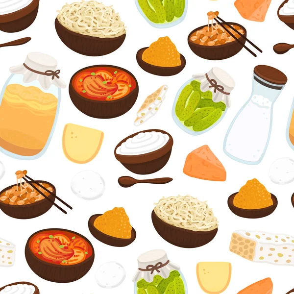 Patrón Sin Costura Vectorial Con Alimentos Probióticos Las Mejores Fuentes —  Fotos de Stock