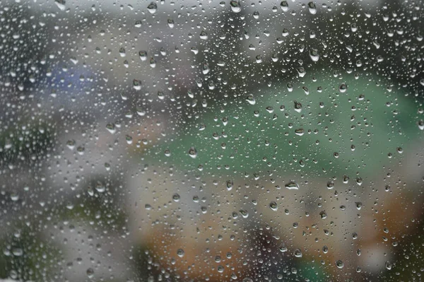 Krople Deszczu Okno Deszczowy Dzień Płytki Dof — Zdjęcie stockowe