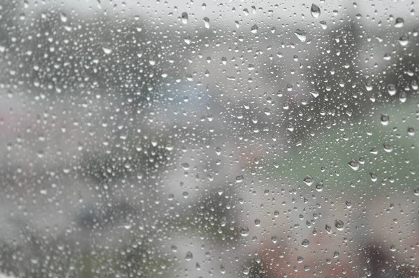 Gotas Lluvia Ventana Día Lluvioso Dof Poco Profundo — Foto de Stock