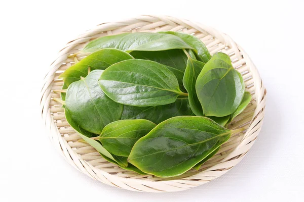 Persimmon Leaves Herbal Medicine Bamboo Basket — Stock Photo, Image