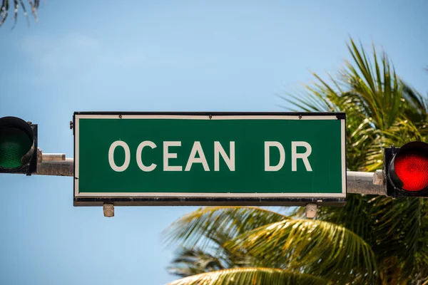 Straßenschild Des Berühmten Ocean Drive Mit Palmen Und Ampel Art — Stockfoto