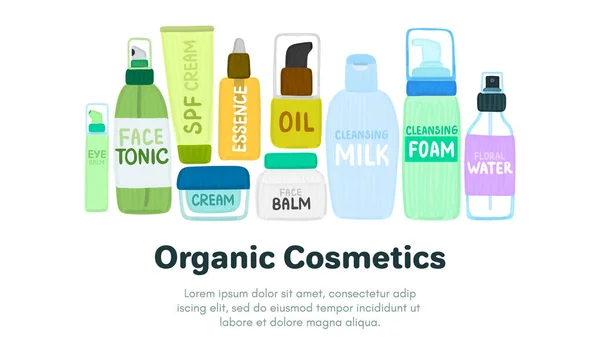 Cosmética Ecológica Natural Muchos Frascos Botellas Con Nombres Cosméticos Cuidado — Foto de Stock