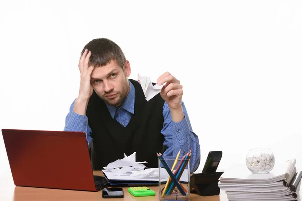 Fellow Sits Leaning His Head His Arm Crumpled Sheets Paper — Stock Photo, Image