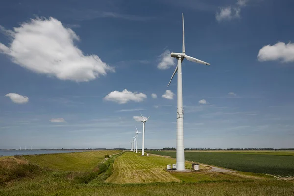 Windmill Park Huge Windmill Generator Turbines Day Blue Sky Green — Stock Photo, Image