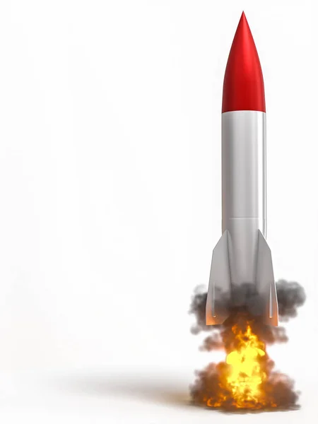 经典的白色火箭 部分红色的头 可见的烟雾和火焰 3D渲染 周围没有人 — 图库照片