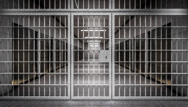 Detalhe Corredor Uma Prisão Com Barras Porta Frente Células Nas — Fotografia de Stock