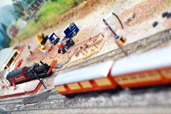 Model Train Set Close Διαφορετική Θέση Τραπεζιού — Φωτογραφία Αρχείου