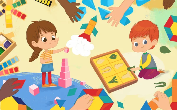 Crianças Fazem Atividade Sensorial Aula Montessori Menina Com Cabelos Escuros — Fotografia de Stock